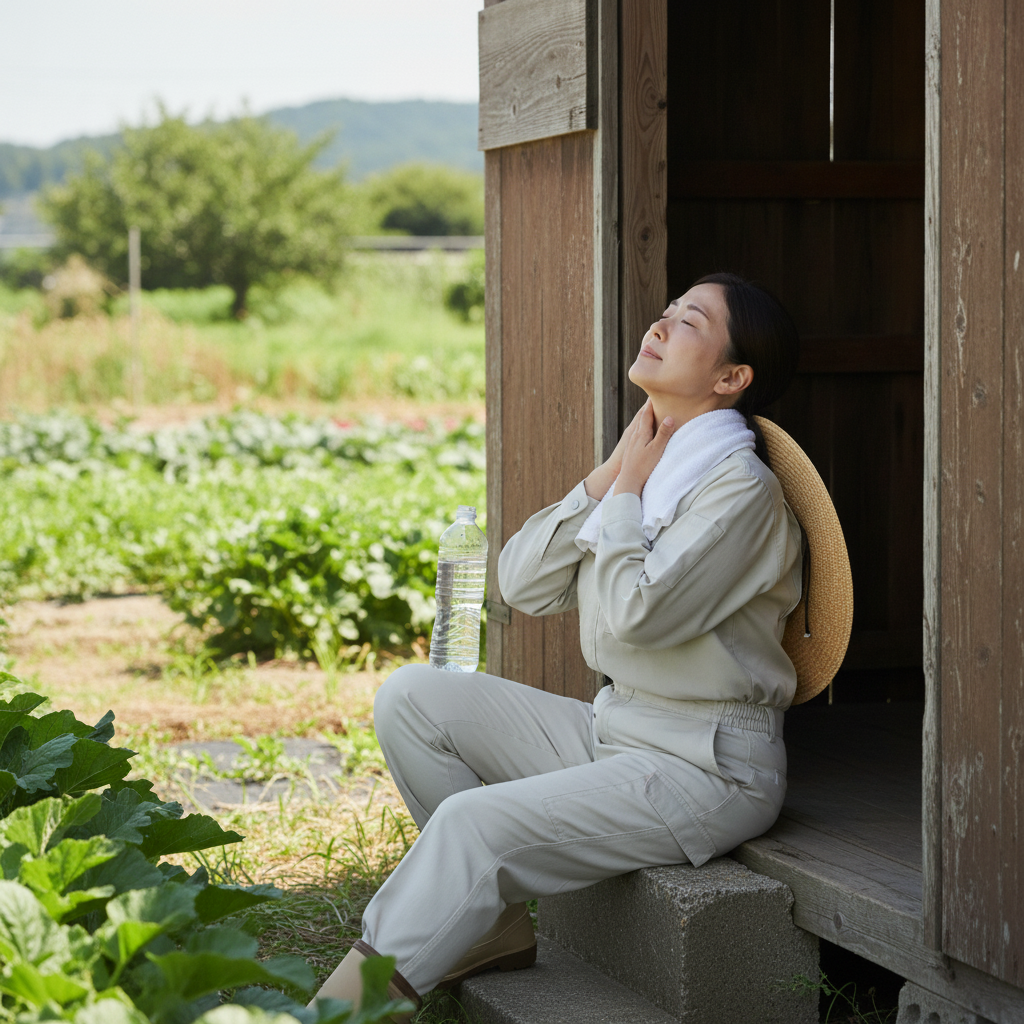 畑のそば、小屋の日陰で休みながら、ぬれたタオルで首すじを冷やす女性