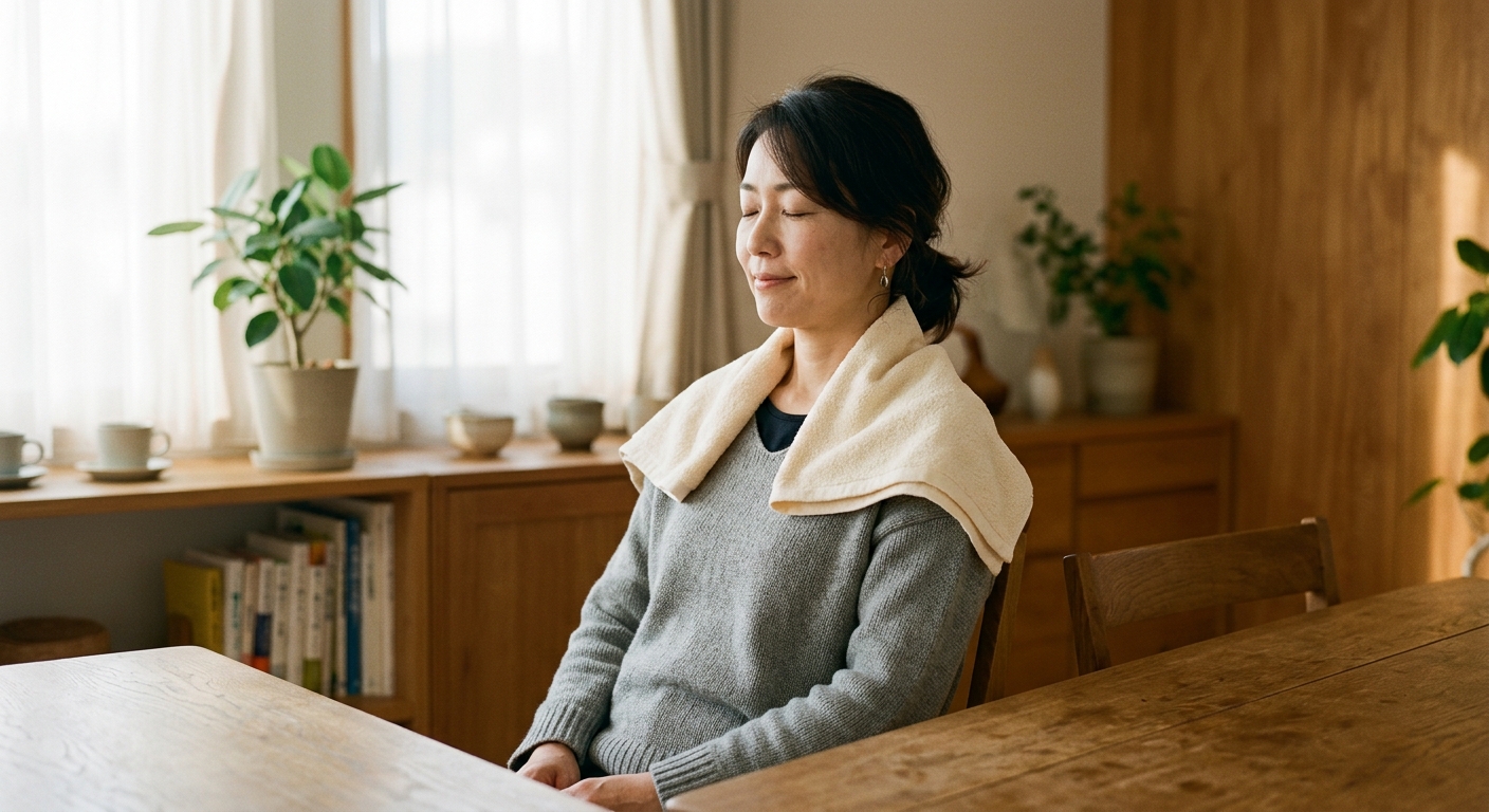 首と肩を温かいタオルで温めている女性