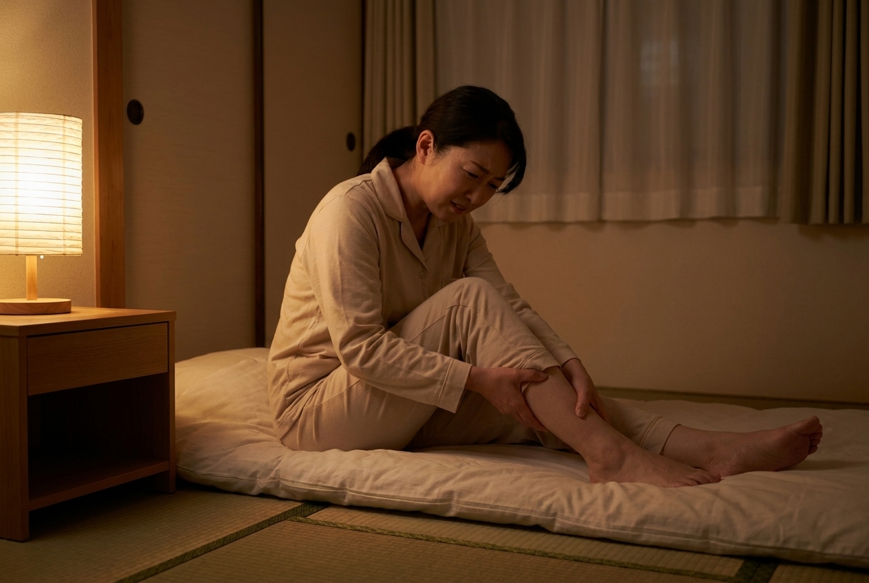 夜、布団の上でふくらはぎに手をやる女性