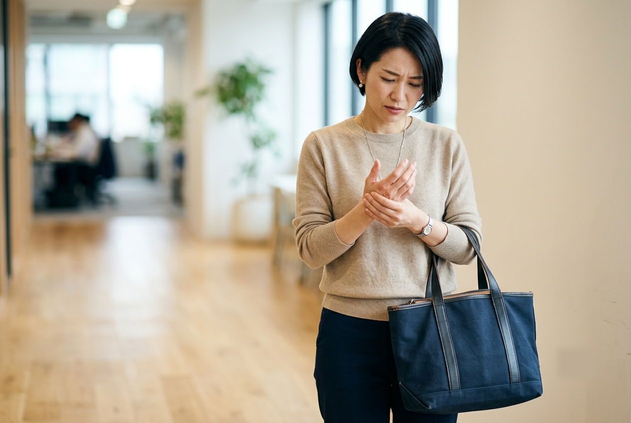 重いトートバッグを持って親指の付け根が痛くなった女性