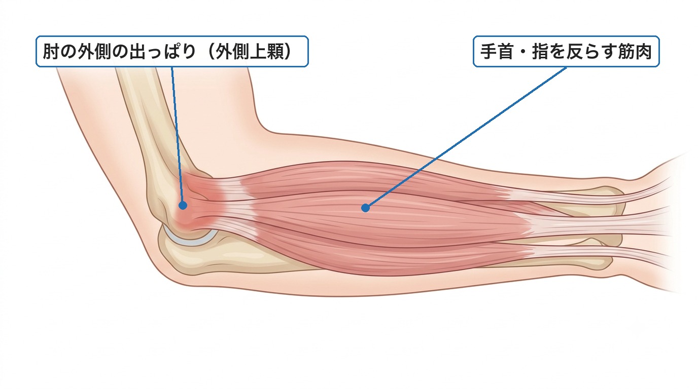 肘の外側の出っぱり(外側上顆)と、そこに付く手首・指を反らす筋肉の解剖図