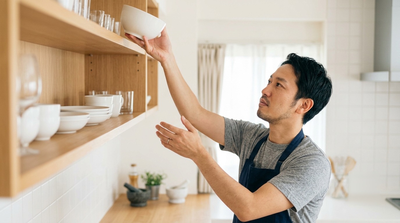 棚の上の器を片手で腕をひねりながら取る動作