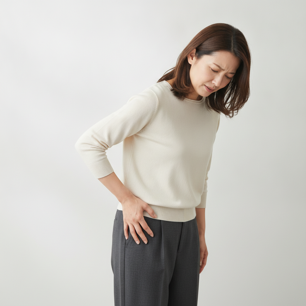 立った姿勢で足の付け根（鼠径部）の痛みを手で押さえる女性の写真