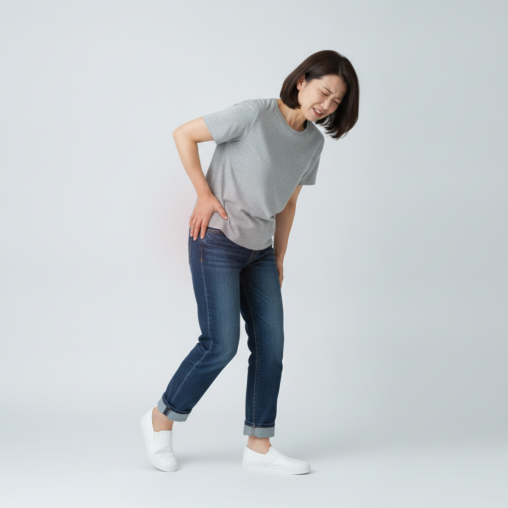 歩き出そうとして足の付け根(股関節の前側)を押さえ、痛みで立ち止まる女性