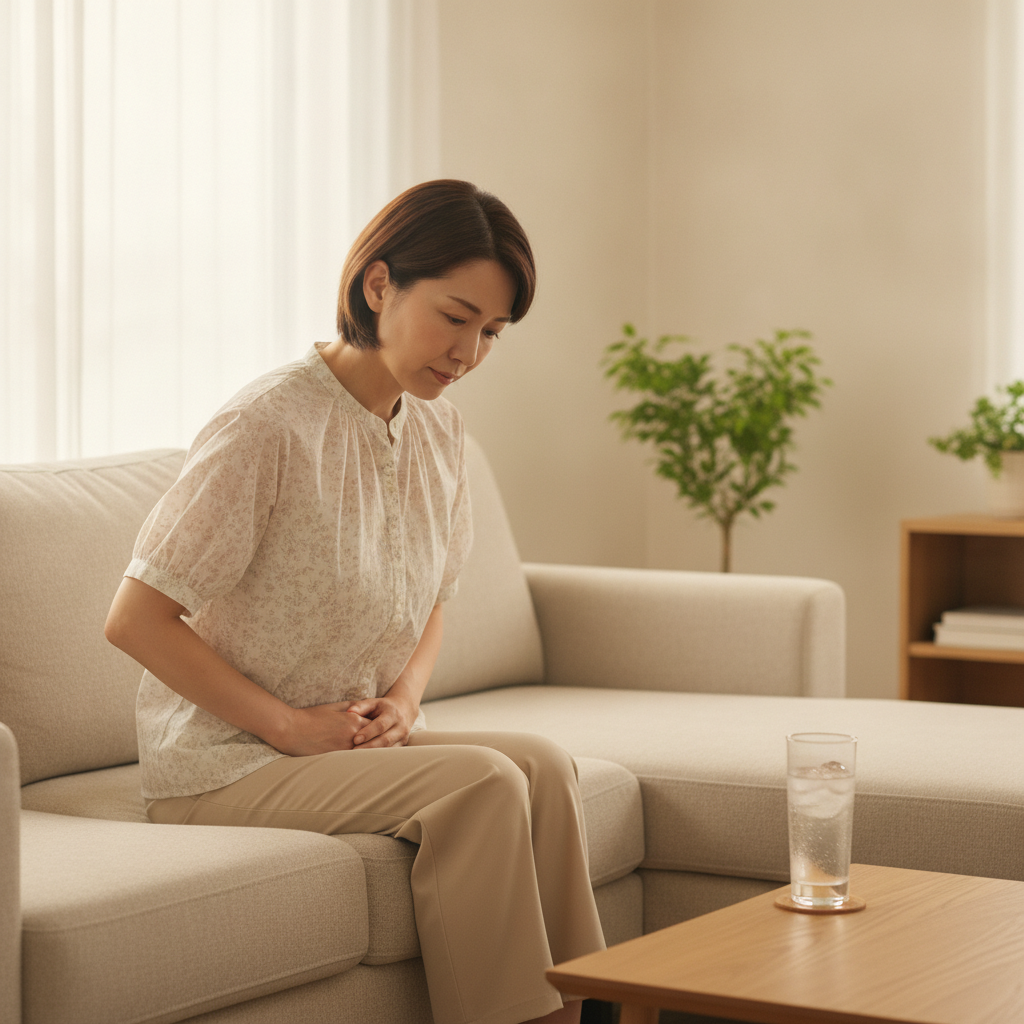 夏にお腹の調子を崩し、お腹を手で押さえる女性
