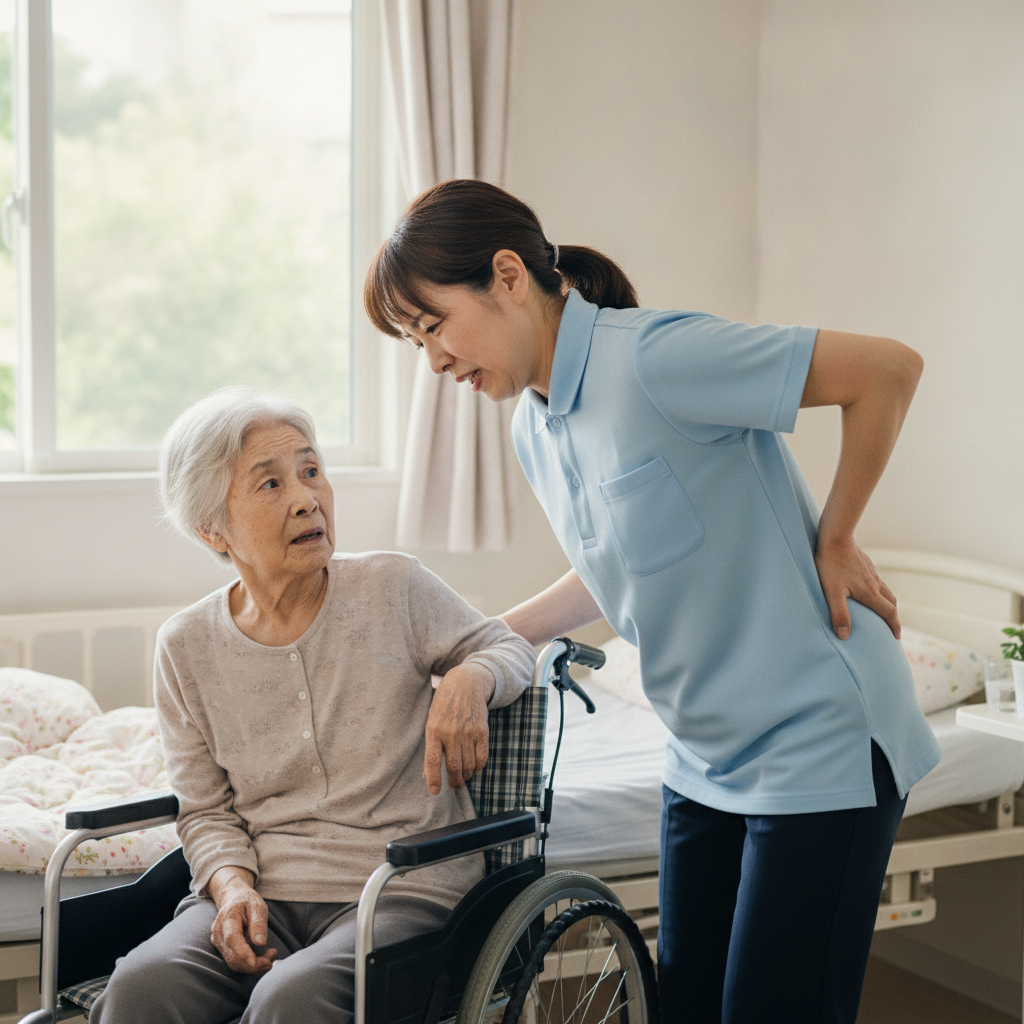 介護中にベッドから車椅子への移乗を介助しながら腰を痛める様子