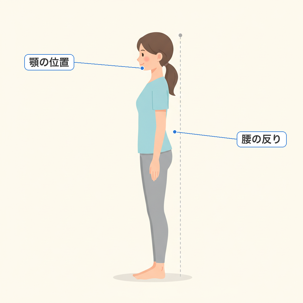 横から見た姿勢のセルフチェック(顎の位置と腰の反りを確認する)