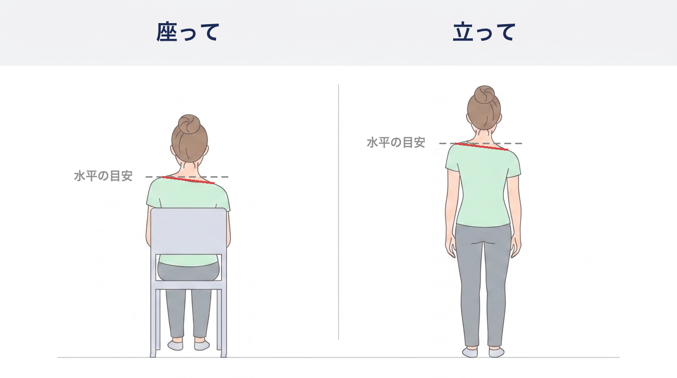 座ったときと立ったときの後ろ姿で肩の高さを比べるセルフチェックのイラスト