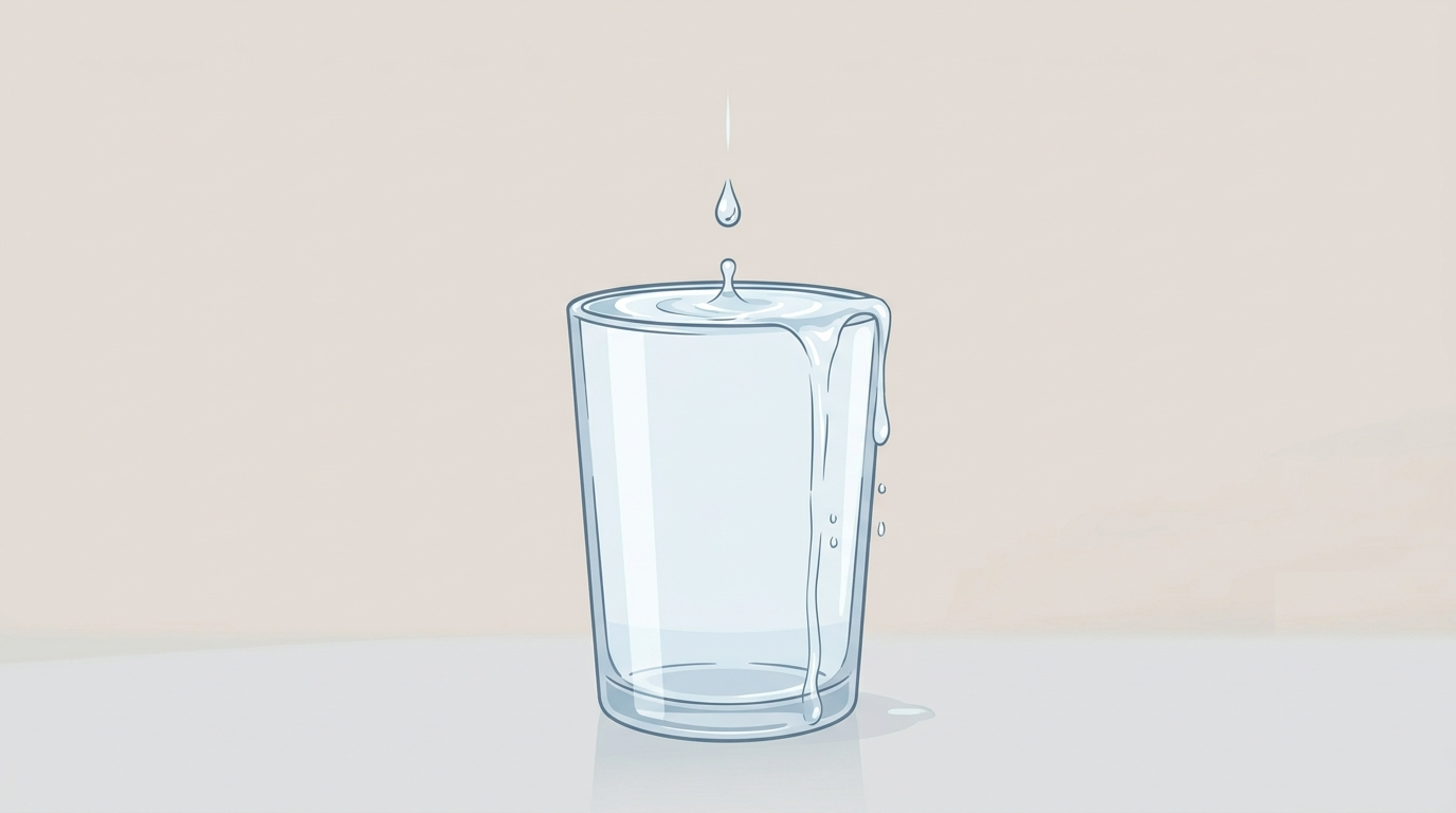 満杯のコップに一滴加わってあふれる様子のイラスト
