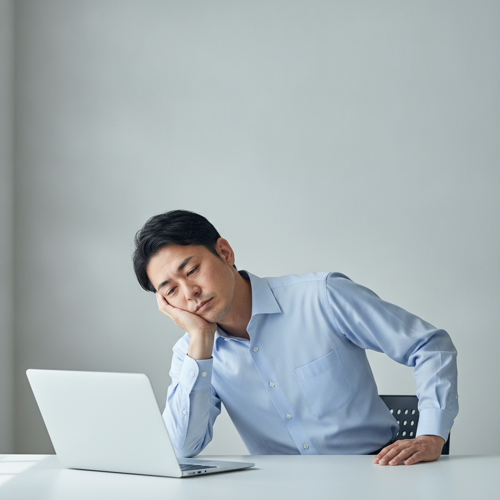 デスクで頬杖をつき、机に肘をついて傾いて座る男性