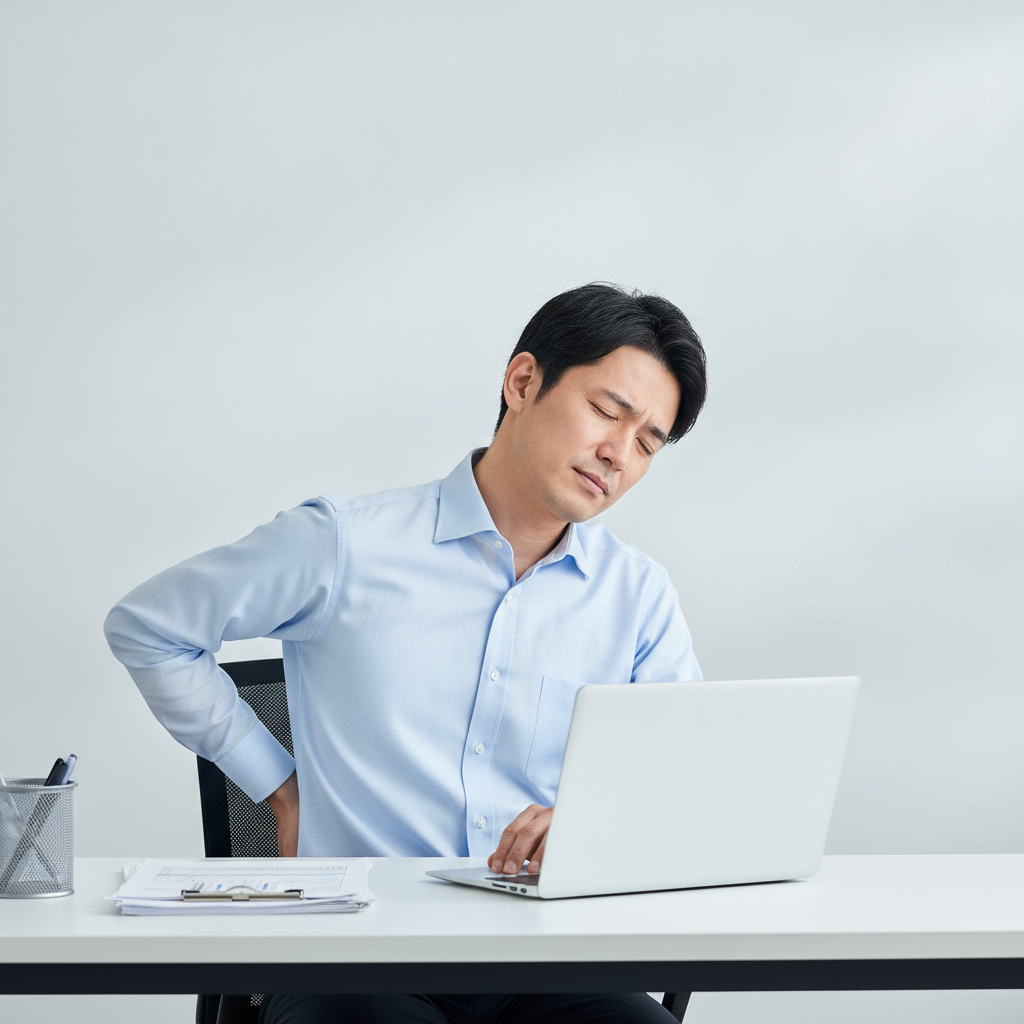 デスクワークで背中や肩が重だるく、辛そうにしている男性
