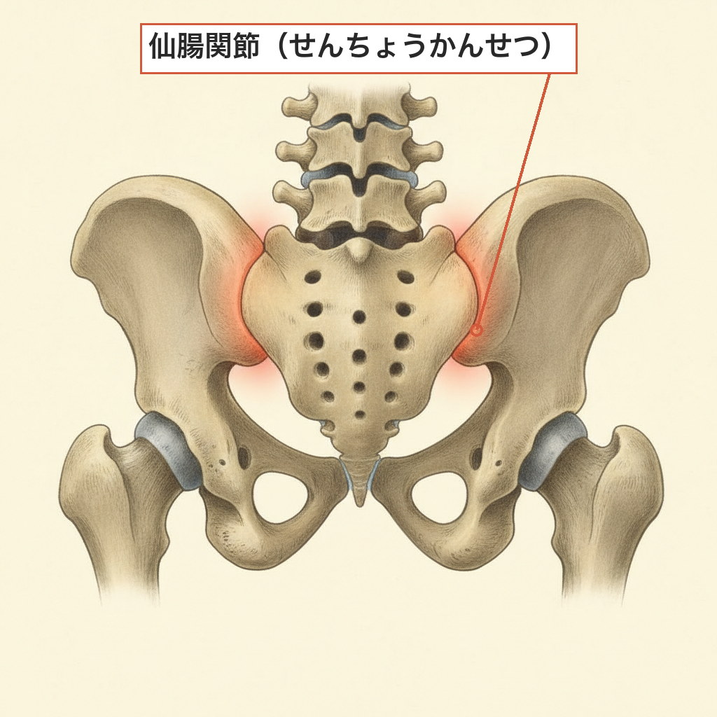 仙腸関節の位置を示した骨盤の後ろからのイラスト