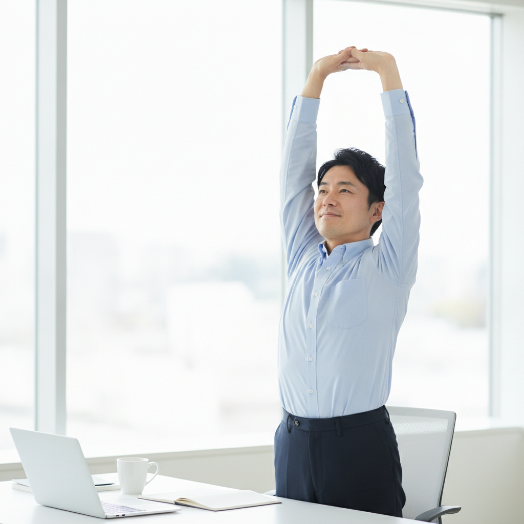 デスクで立ち上がり、両手を上げて軽く背伸びをする男性