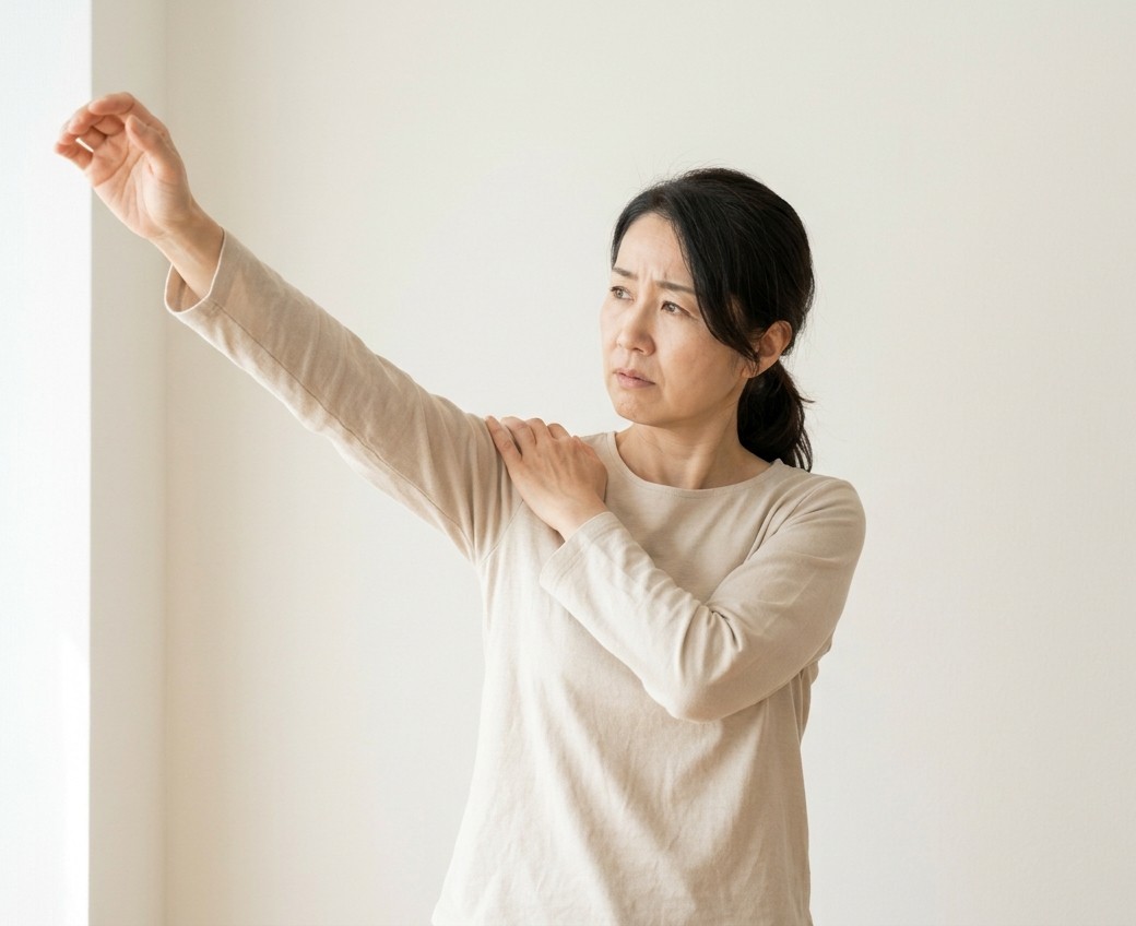 腕を上げようとしても途中で止まる女性