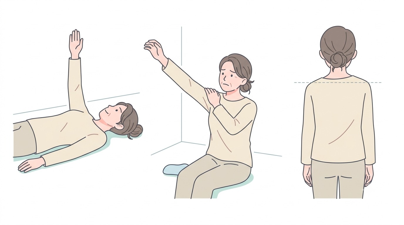 あお向けなら腕は上がるが、座位では上がらず、後ろ姿では左肩が下がっている様子の図