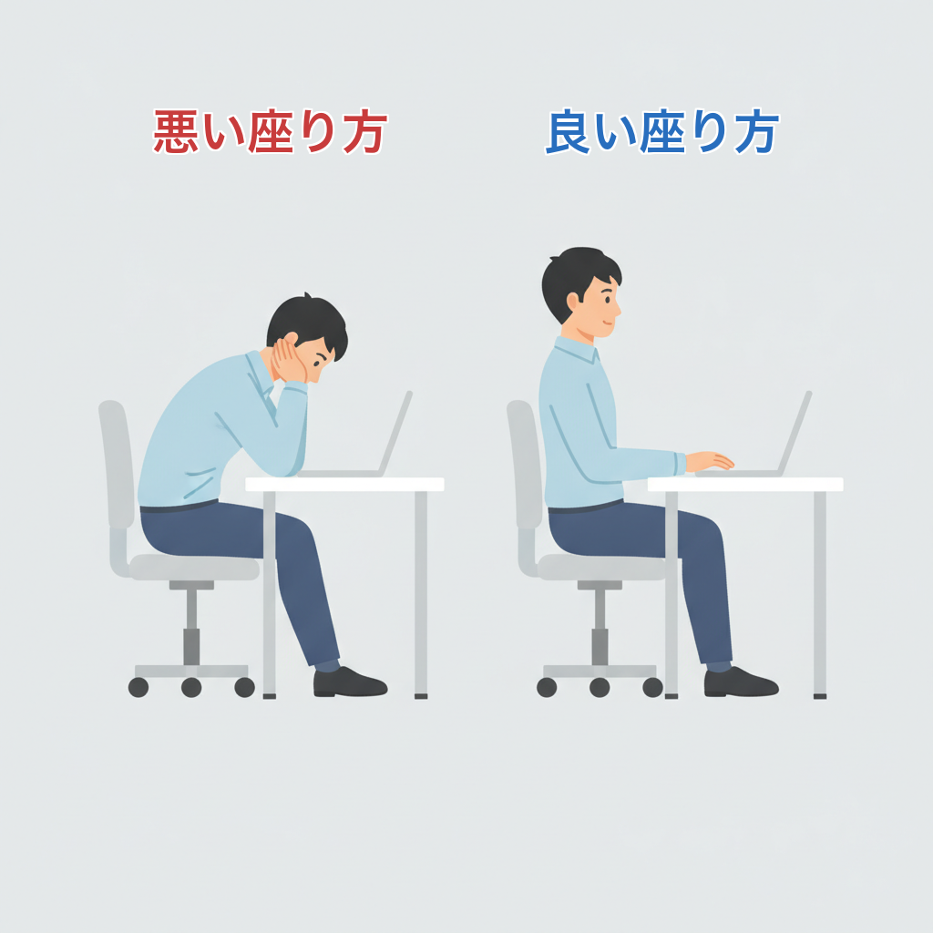 悪い座り方(猫背・前かがみ)と良い座り方(背骨まっすぐ・両足を床)の比較イラスト