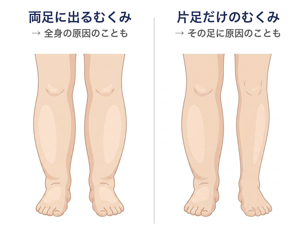両足に出るむくみは全身の原因のことも、片足だけのむくみはその足に原因のこともあるという見分けの図