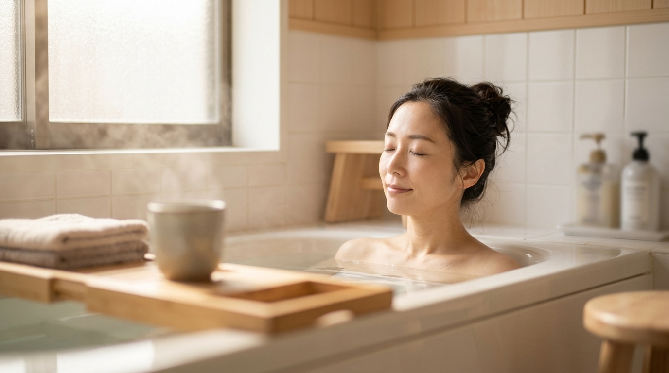 湯船に浸かって体を休めている様子
