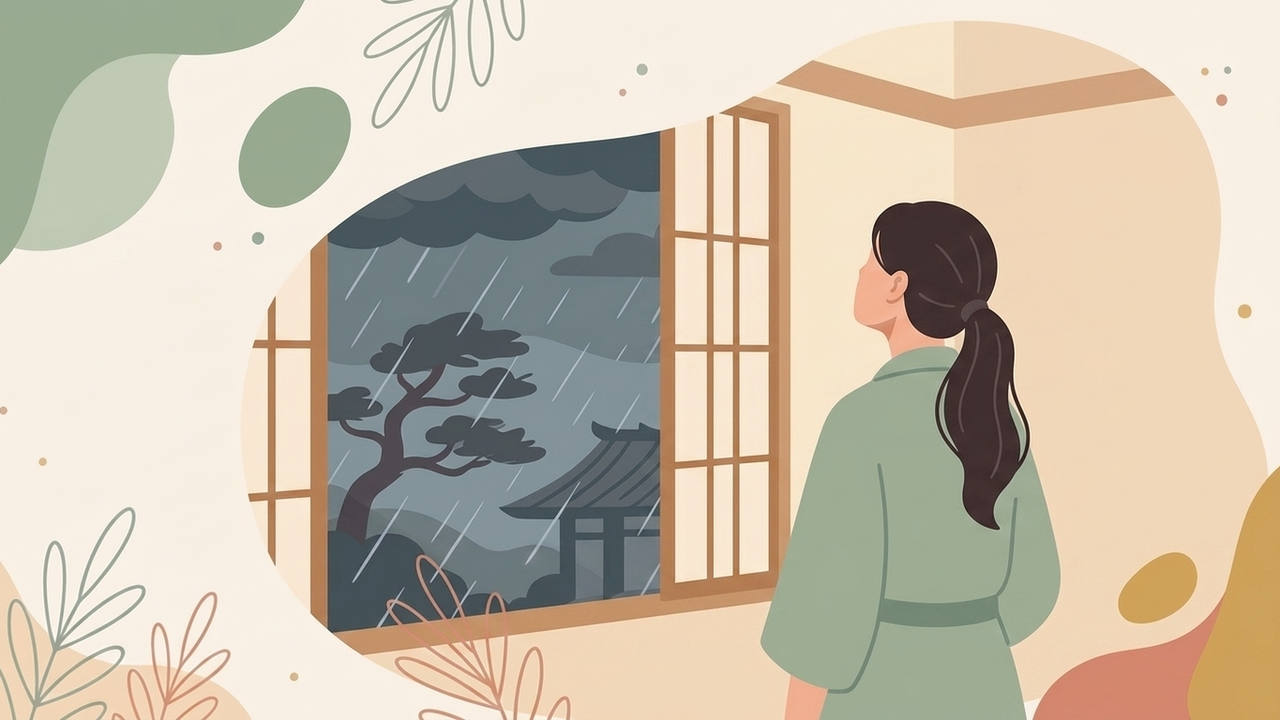 台風が近づく空を窓から見ている女性のイラスト
