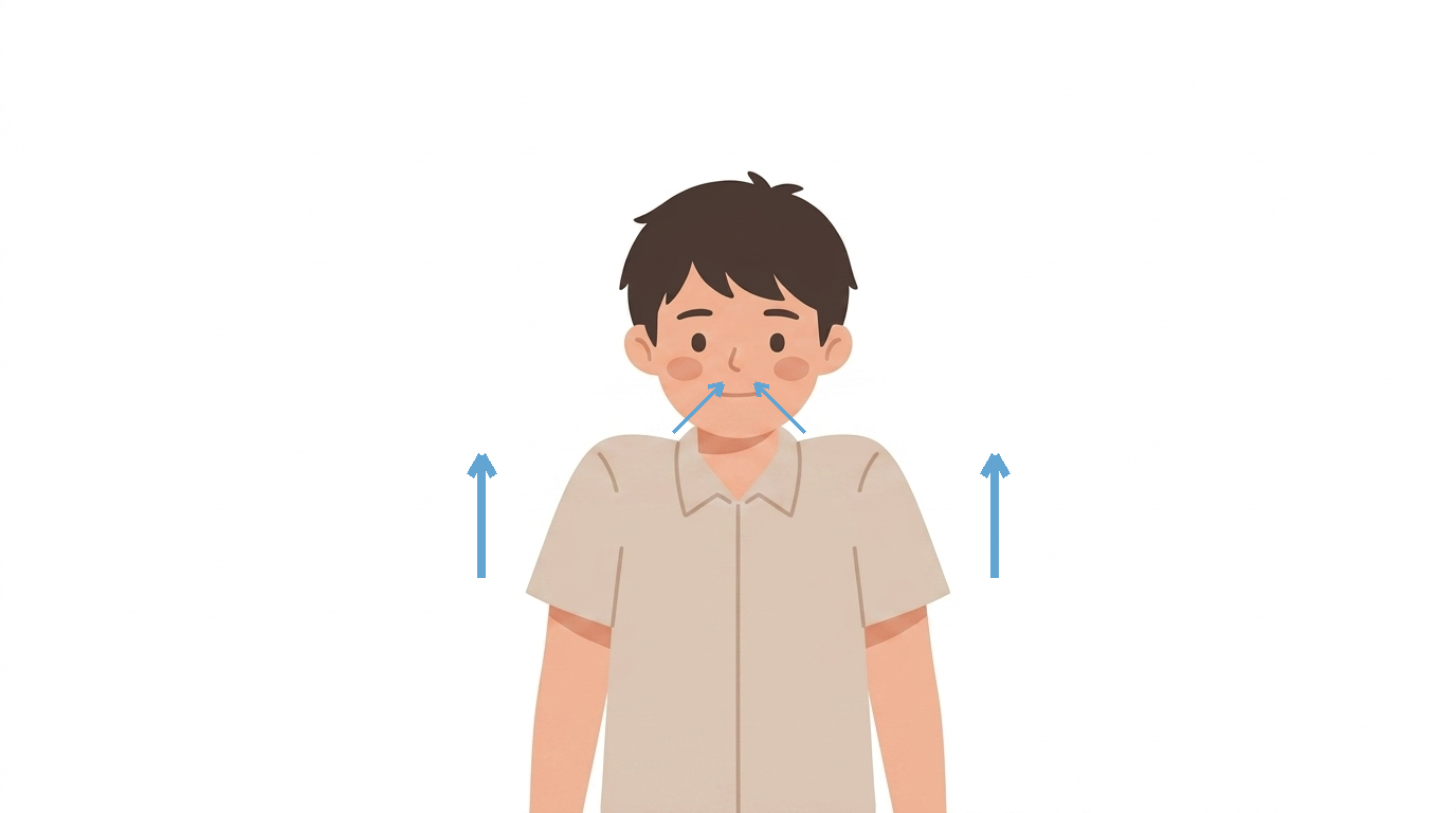 息を吸うときに肩が上がってしまっている男の子のイラスト