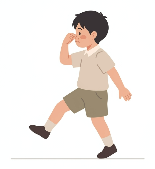 鼻をつまんで息を止めたまま歩く男の子のイラスト