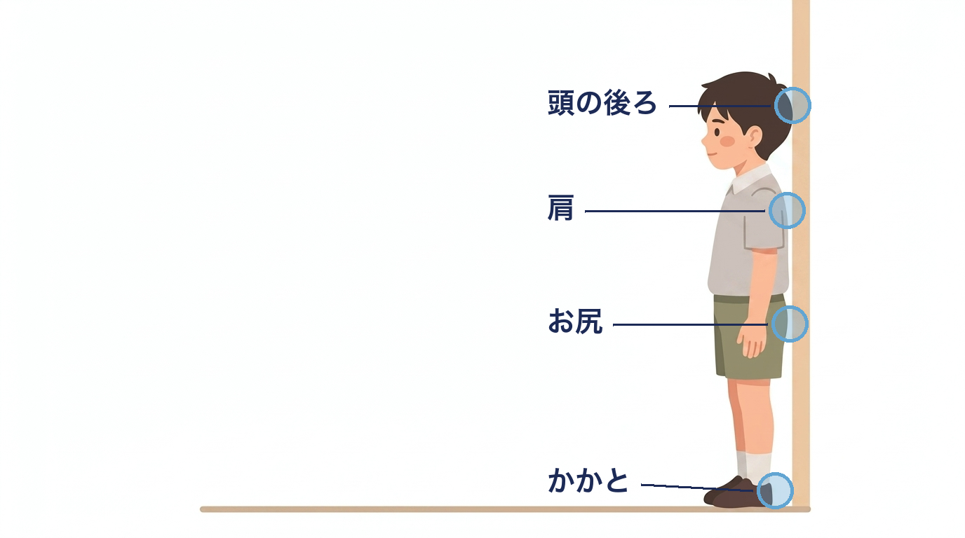 壁に頭の後ろ・肩・お尻・かかとをつけて立つ男の子のイラスト