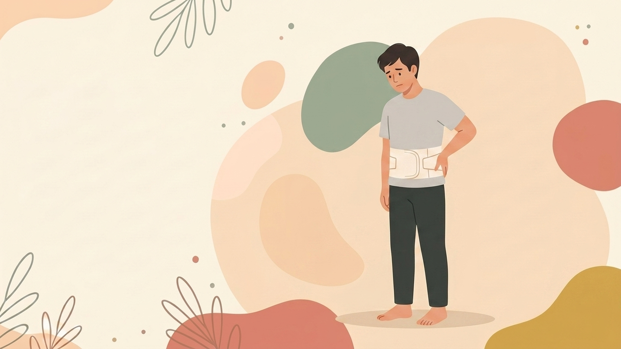 コルセットをしながら腰痛対策の筋トレを続けていた男性のイラスト