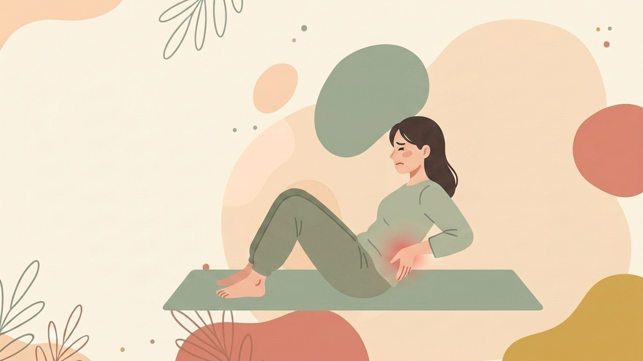 腹筋運動の途中で腰に手を当てる女性のイラスト