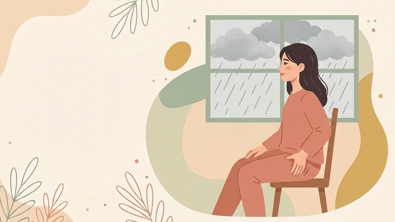 雨の日に窓辺で脚の付け根に手を当てて座る女性のイラスト