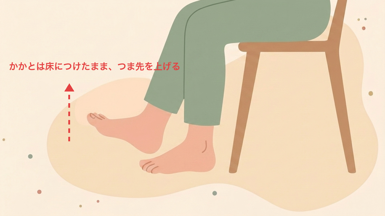 椅子に座り、かかとを床につけたまま両方のつま先を上げているイラスト