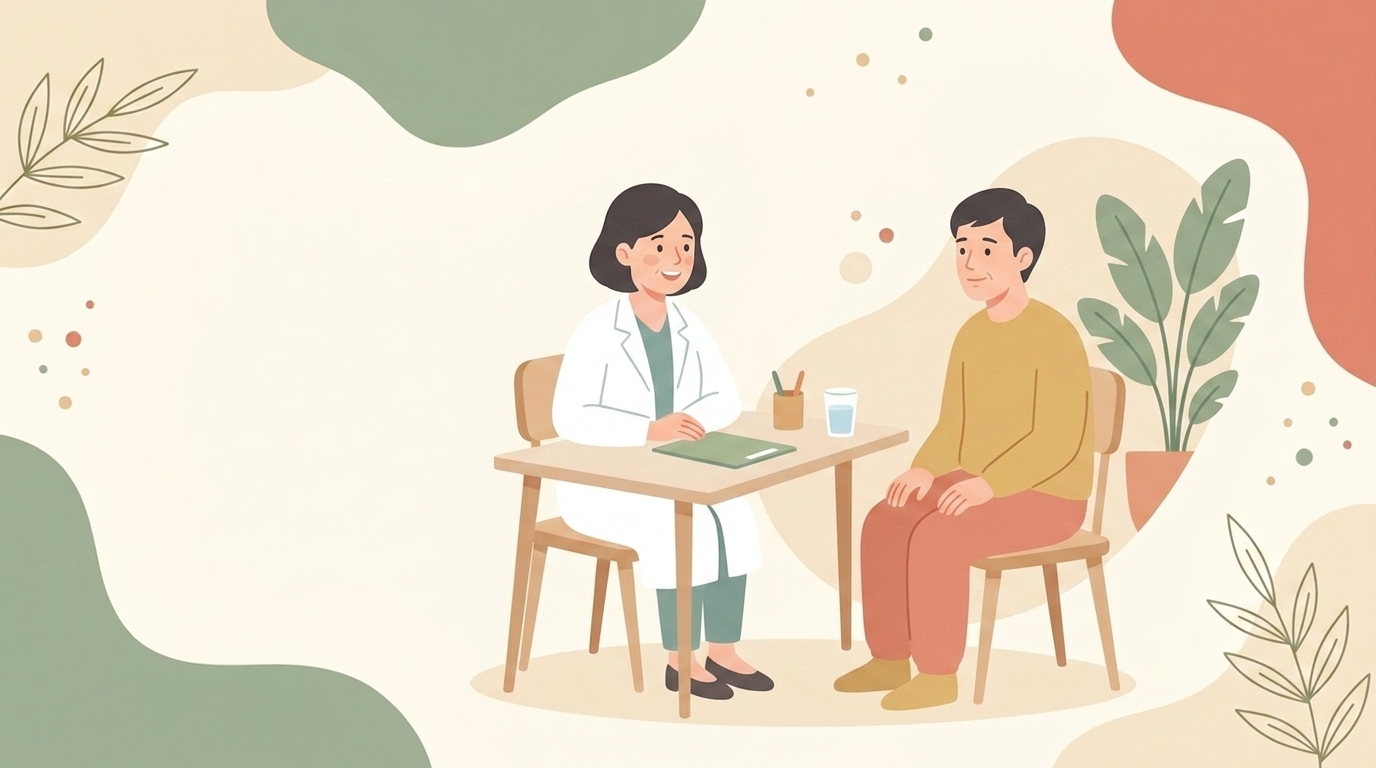 病院で医師に相談している男性のイラスト