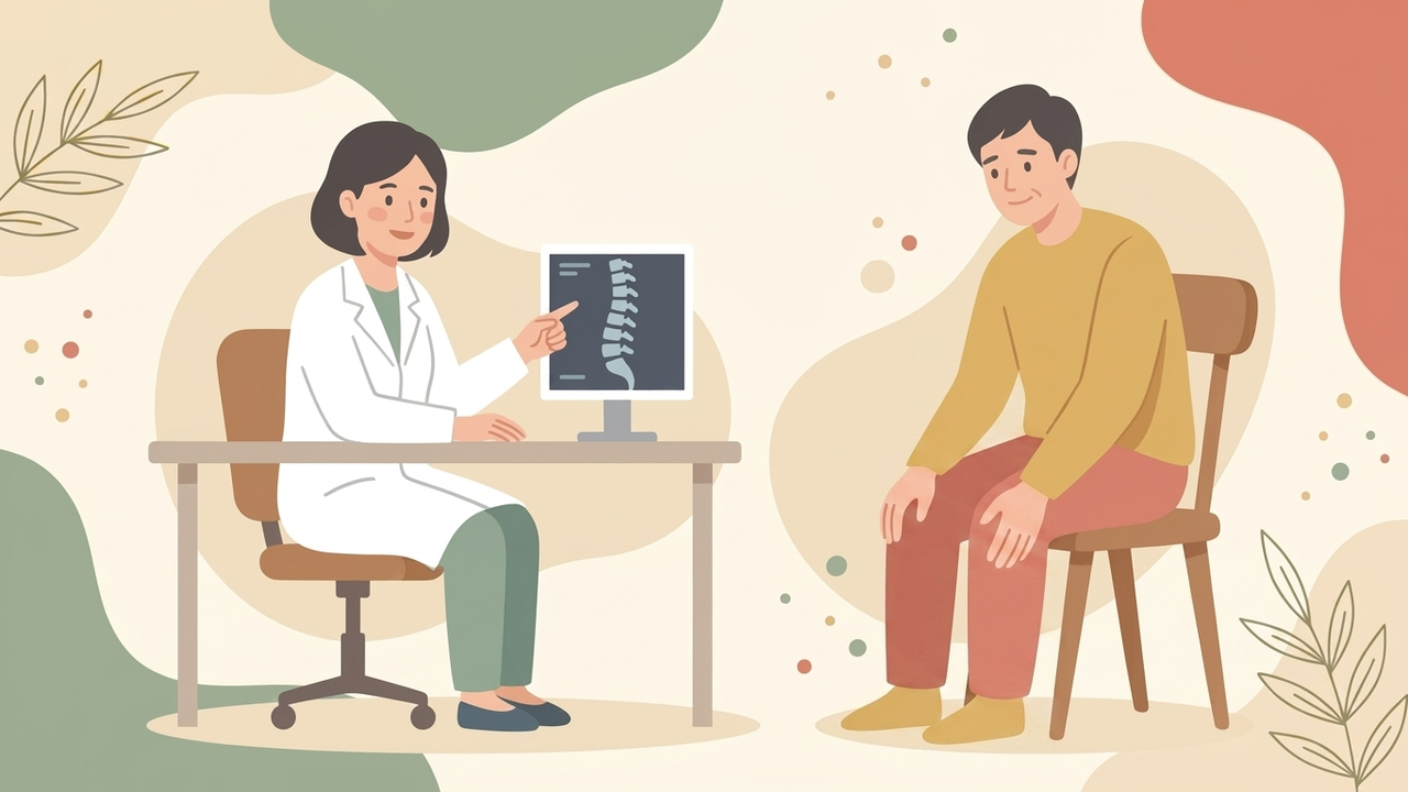 医師が画像を指しながら説明し、落ち着いた表情で聞いている男性のイラスト