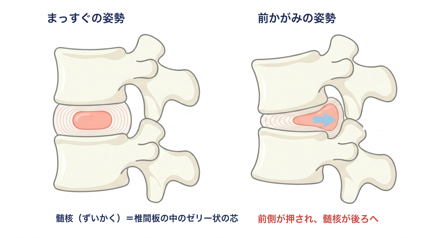 前かがみになると椎間板の髄核が後ろへ押し出される模式図